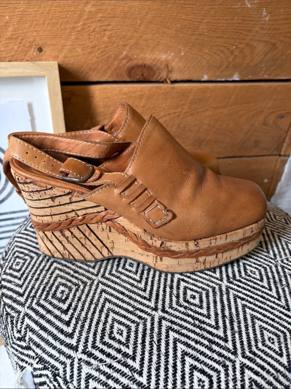Women's Tan Leather Cork Wedge Clog VTG